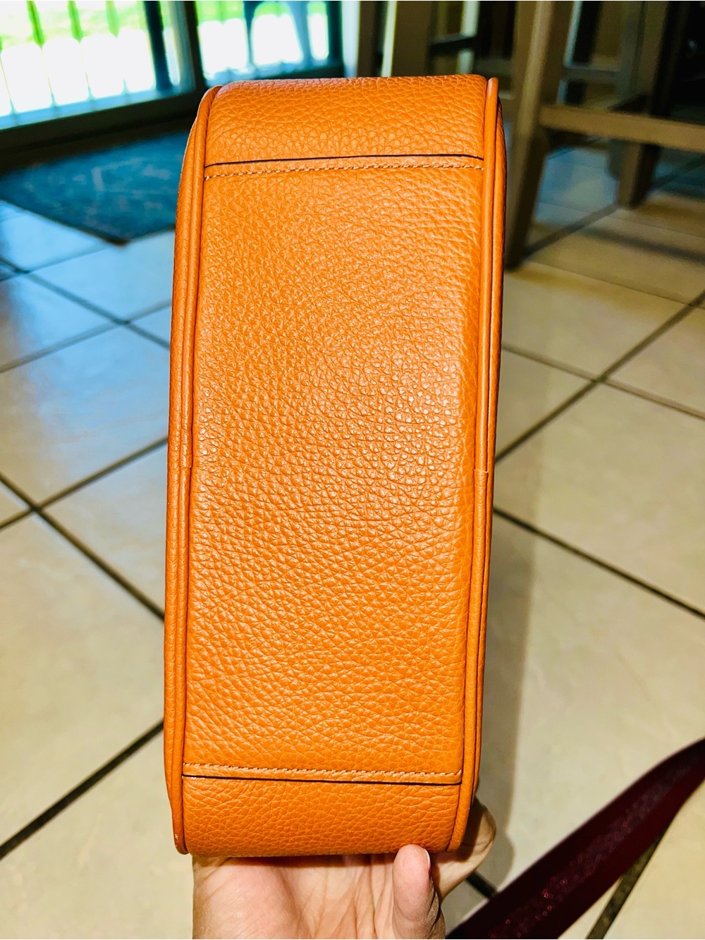 Coach Orange Pebbled Leather Camera Crossbody with Striped Strap - Picture 7 of 10